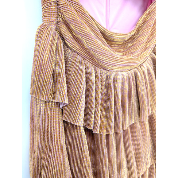 Hello Molly Shimmering Socialite Rose Gold Glam Coquette Tiered Ruffle Dress SML - Picture 5 of 10